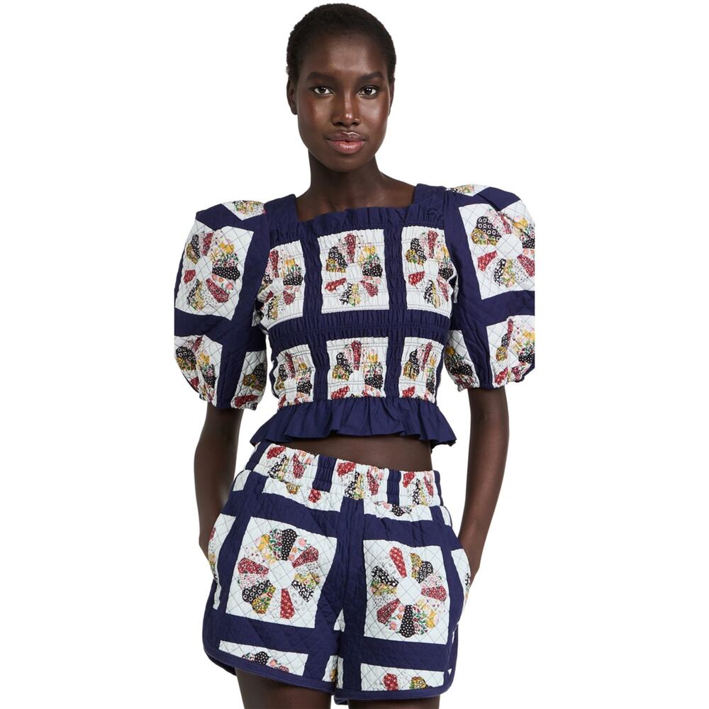 Sea New York Pippin Patchwork‎ Top Puff Sleeve Ruched Open Back 6 Cottagecore - Picture 9 of 9